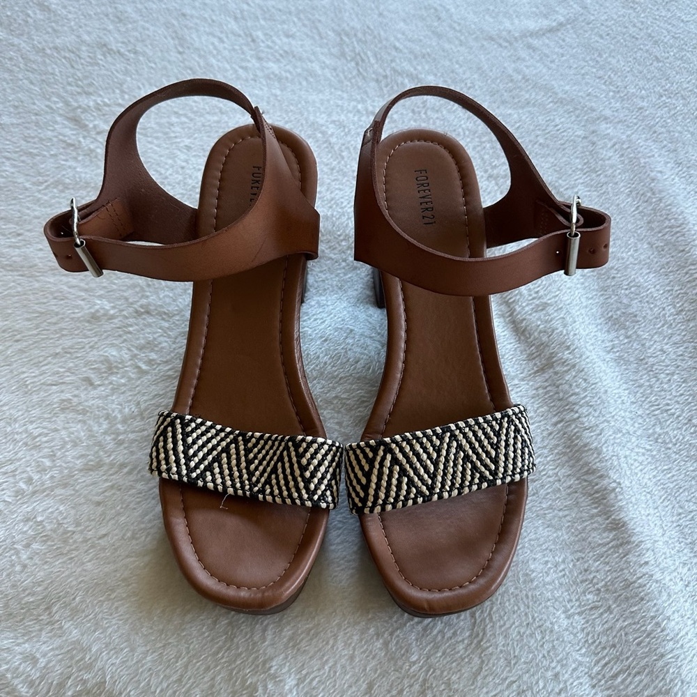 Forever 21 Brown Sandals with Black and White Pattern